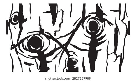 stylized black and white vector pattern of tree bark featuring organic wood grain lines and natural knot shapes ideal for graphic design and textile prints