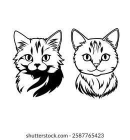 Stylized black and white vector set illustration of two cats, intricate fur details. One features a realistic long-haired cat, while the other has a modern, shaded design. Perfect for tattoo and logo