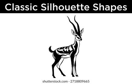 Stilisierte schwarz-weiße Vektorsilhouette einer eleganten Gazelle oder Antilope mit langen Hörnern, einzeln auf weißem Hintergrund.