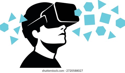 Estilizada silueta de Vector en blanco y negro de una persona que lleva un auricular de realidad virtual, rodeado de brillantes Formas geométricas de color azul neón que representan la experiencia digital del metaverso.