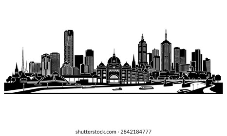 Stylized black and white vector silhouette of the Melbourne skyline. Includes historical station, riverfront, and commercial skyscrapers in a clean graphic for travel and urban concepts.