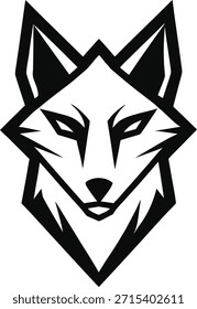 Logo estilizado de la cara del lobo blanco y negro con ángulos agudos Palabras claves lobo, cara, logotipo, estilizado, geométrico, abstracto, animal, depredador, salvaje.