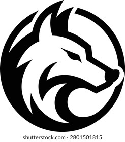 A stylized black and white wolf head in a circular frame, with bold lines and geometric shapes, creating a modern and sleek design