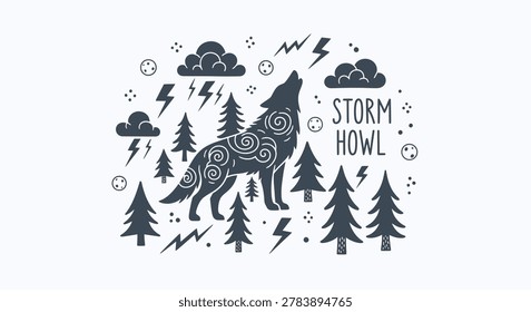 Stylized black and white wolf illustration howling in a stormy forest. Minimalist graphic art featuring a decorative tribal wolf silhouette, pine trees, lightning bolts, and storm clouds.