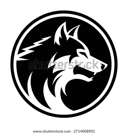 Stylized Black and White Wolf Snarling Profile in Circle