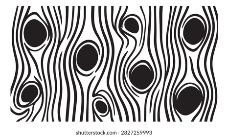 stylized black and white wood grain pattern featuring natural knots and curved lines perfect for graphic backgrounds and wall art textures