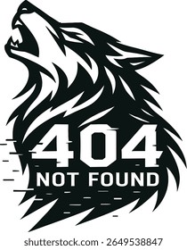 Cabeça de lobo preto estilizado uivando com 404 texto de erro não encontrado