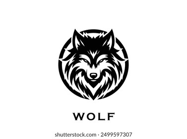 Stylized black wolf head logo, perfect for branding, with intricate fur patterns.