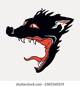 Stylized black wolf head with red eyes and mouth, sharp teeth, and fiery mane. The wolf's head is bold and dynamic, with a fierce expression and vivid colors. Vintage animal illustration vector.