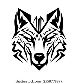  A stylized black wolf head with sharp monogram icon logo vector, geometric lines, conveying power and wildness.