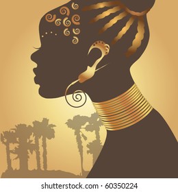 Stylized black woman silhouette on golden background.