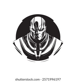 A stylized black-and-white illustration of a fierce character with an imposing expression.