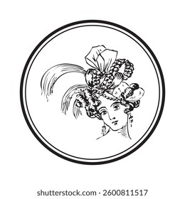 A stylized, black-and-white illustration of a woman’s portrait, inspired by vintage fashion and classic elegance.