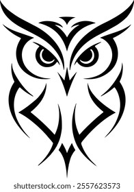 A stylized black-and-white tribal-inspired illustration of an owl, featuring sharp, symmetrical patterns that emphasize its piercing eyes and curved feather lines. This sleek and minimalist design.