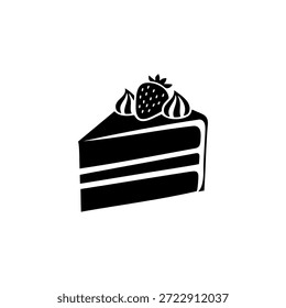 Ilustración vectorial estilizada en blanco y negro de una rebanada de pastel en capas con cobertura de fresa y nata batida. Las líneas limpias y el diseño simple lo hacen perfecto para iconos, logotipos, pegatinas y marcas de panadería.
