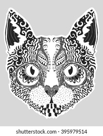 Stylized black-white cat portrait on gray background.