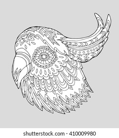 Stylized black-white parrot portrait on gray background. 