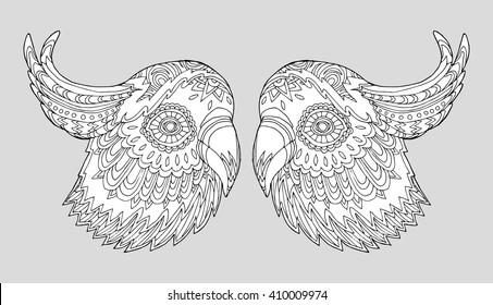 Stylized black-white parrot portraits on gray background. 