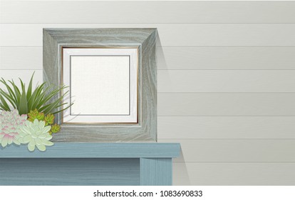 Stylized blank canvas with wooden picture frame and succulents on blue desk. Lots of copy space. Flat vector with texture and shadow.