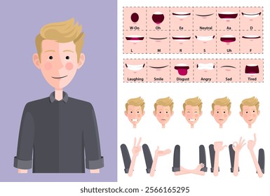 Stylized Blond Young Man Character Face Creation, with expressions, Lip-sync, Hand Gestures and emotions. Ideal for Animations, Presentations and posing, Flat Design, Vector Illustration