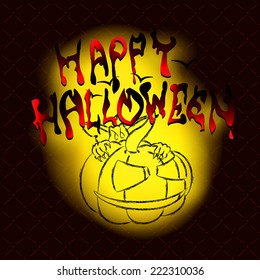 Stylized bloody artistic 'Happy Halloween' lettering on a shining light flash spot with sketch contour illustration of a small goblin monster holding huge pumpkin. Postcard or banner design.