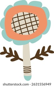 A stylized bloom boasts a gridded center within a peachy roundel, framed by teal petals.  Blossom, with its slender stem and small leaves, presents a charming floral motif. Cartoon vector illustration
