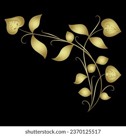 Stylized blooming branch. Folk style. Medieval illuminated manuscript floral motif. Golden glossy silhouette on black background.