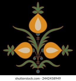 Stylized blooming branch. Folk style. Decorative floral element. On black background.