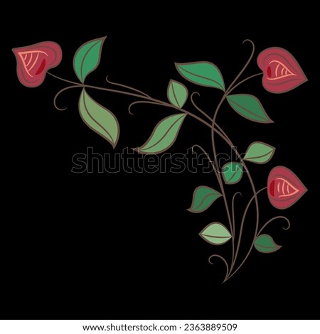 Stylized blooming branch. Folk style. Medieval illuminated manuscript floral motif. On black background.