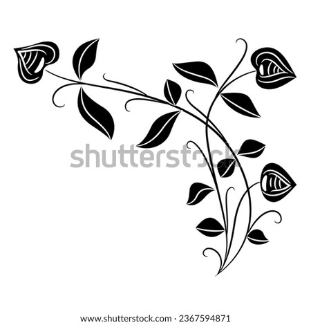 Stylized blooming branch. Folk style. Medieval illuminated manuscript floral motif. Black and white silhouette.