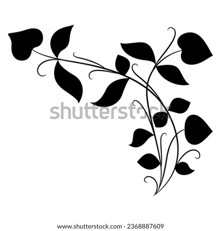 Stylized blooming branch. Folk style. Medieval illuminated manuscript floral motif. Black silhouette on white background.