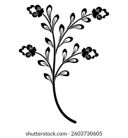 Stylized blooming branch with leaves and flowers. Medieval Middle East floral design. Black and white silhouette.