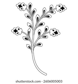 Stylized blooming branch with leaves and flowers. Medieval Middle East floral design. Black and white silhouette.