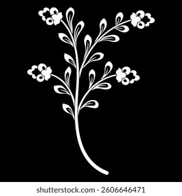 Stylized blooming branch with leaves and flowers. Medieval Middle East floral design. Black and white silhouette.