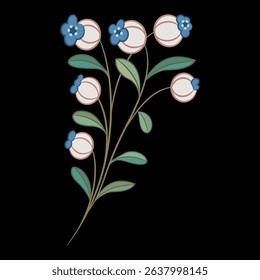Stylized blooming branch. Medieval illuminated manuscript floral motif. Folk style. On black background.