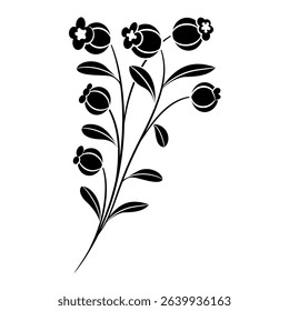 Stylized blooming branch. Medieval illuminated manuscript floral motif. Folk style. Black and white silhouette.