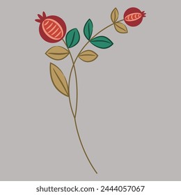 Stylized blooming branch with two flowers or ripe berries. Pomegranate fruits. Folk style. On gray background.