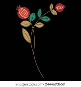 Stylized blooming branch with two flowers or ripe berries. Pomegranate fruits. Folk style. On black background.