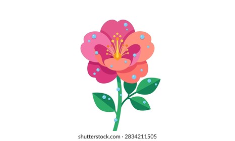 Stylized blooming flower with dew drops on petals and leaves.