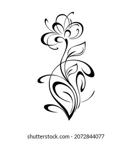 stylized blooming flower on a curved stem with leaves and curls. graphic decor