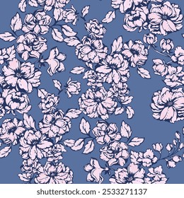 Stylized blooming meadow seamless pattern on a true blue background. Abstract artistic wild flowers print. Vector hand drawing illustration. Design for fabric, fashion, textile