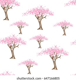 Stylized blooming trees, garden, spring. Graphic silhouette of the blossom tree. Flowers, Freehand drawing vector seamless pattern. 
