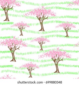 Stylized blooming trees, spring.Graphic silhouette of the blossom tree with green dashes,stitches,stylized grass.Flowers,blooming cherry,sakura,garden,spring Freehand drawing vector seamless pattern. 