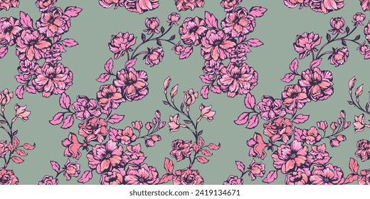 Stylized blooming wild meadow seamless pattern. Abstract artistic spring pink branches flowers and leaves, buds on a green background. Vector drawn illustration. Design for printing, fabric, fashion
