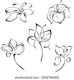 stylized blossoming flower with large petals on a short stem without leaves; graphic decor; set