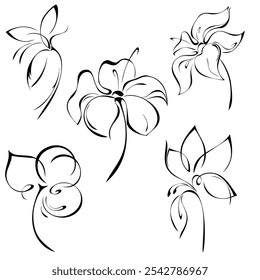 stylized blossoming flower with large petals on a short stem without leaves; graphic decor; set