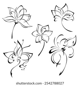 stylized blossoming flower with large petals on a short stem without leaves; graphic decor; set