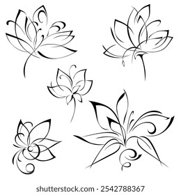 stylized blossoming flower with large petals on a short stem without leaves; graphic decor; set