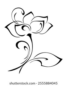 stylized blossoming flower with large petals on a stem with a leaf and curls; graphic decor