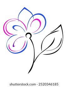 Stylized blossoming flower on a short stem with leaves; graphic decor